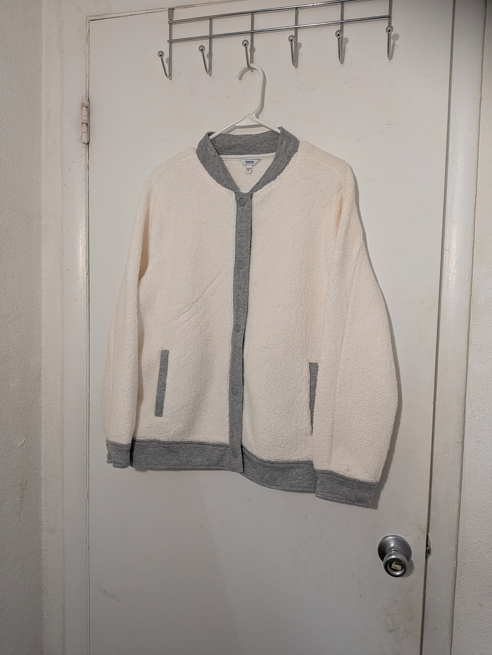 Sonoma Cream Sherpa Bomber Jacket with Gray Trim